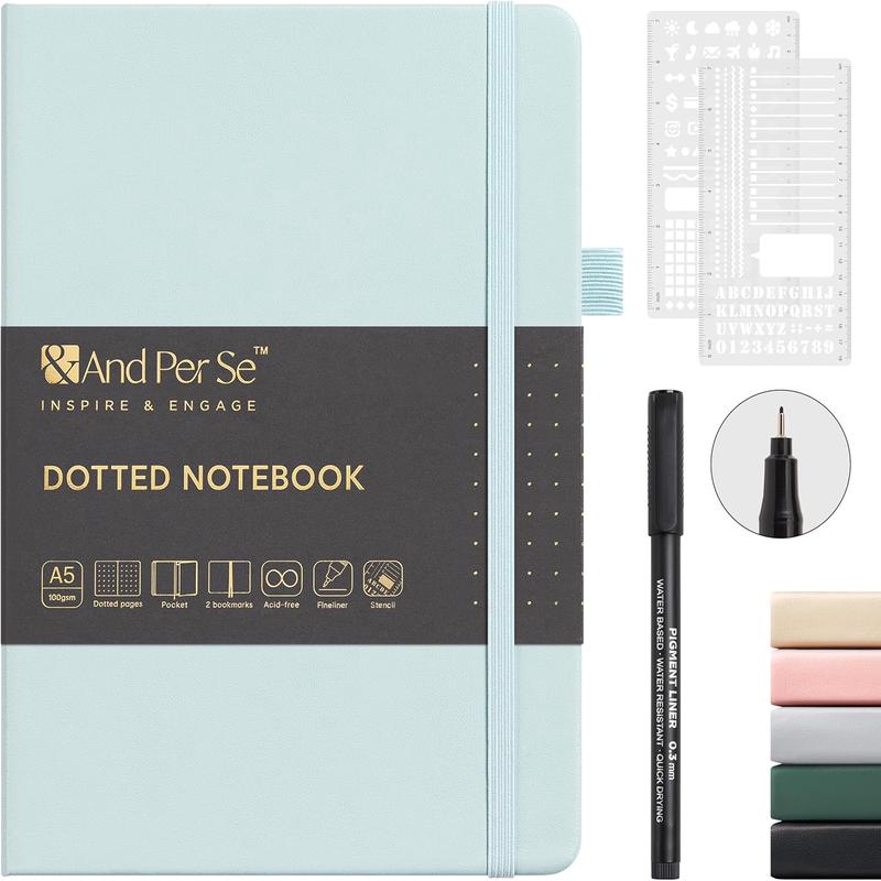 Per Se Bullet Dotted Journal Notebook, A5 Leather Hardcover, 176 Numbered Pages 100GSM Thick Dotted Paper, 2 Sheets of Stencils Included - 5.7\'\' x 8\'\' (Cyan)