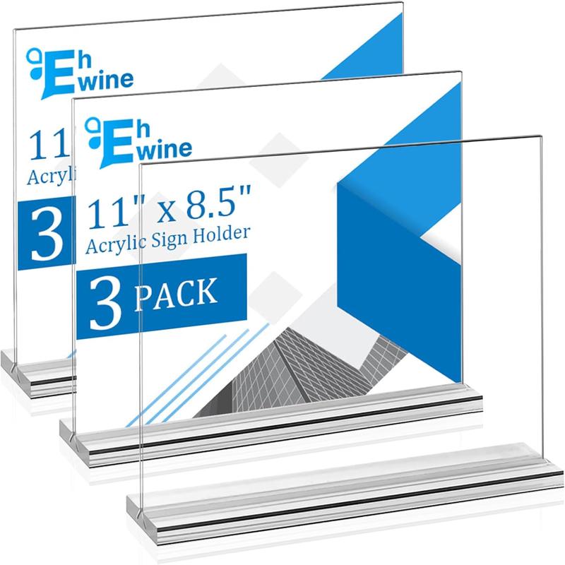 EHWINE 3 Pack Acrylic Sign Holder 8.5 x 11 Horizontal, Double-Sided Stand up Table Top Sign Holders, Clear Acrylic Picture Frame Menu Flyer Paper Holder Display Stand for Office Business Store Wedding