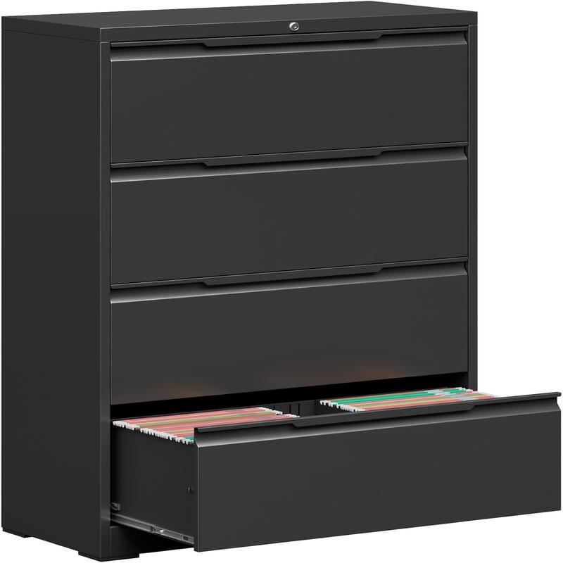 File Cabinet, 4 Drawer Metal File Cabinet with Lock, Lateral File Cabinet for Home and Office, Lateral File Cabinet for A4 Legal/Letter Size, Assembly Required (Black, 4 Drawer)